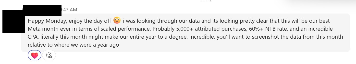 Testimonial from Best Meta month ever — 5,000+ purchases, 60%+ NTB